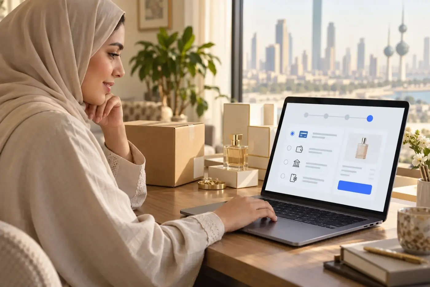واجهة توضيحية للدفع الإلكتروني على هاتف بجوار حاسوب محمول.