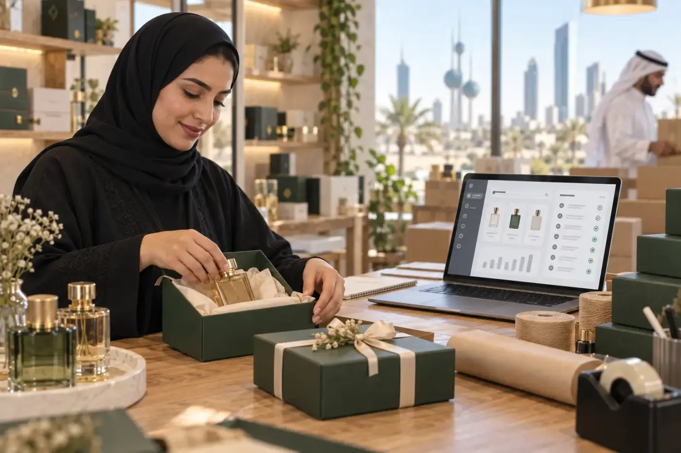 تاجر يجهز الطلبات بجوار لوحة إدارة متجر إلكتروني.
