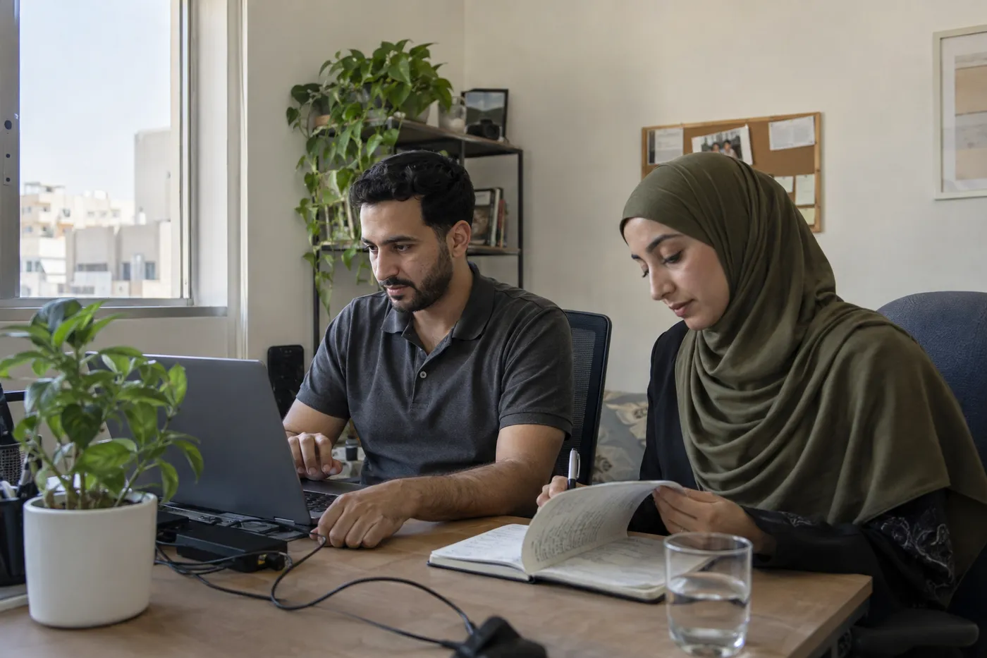 مشهد عمل توضيحي لزميلين يراجعان حاسوباً محمولاً ودفتر ملاحظات في مكتب مضاء طبيعياً