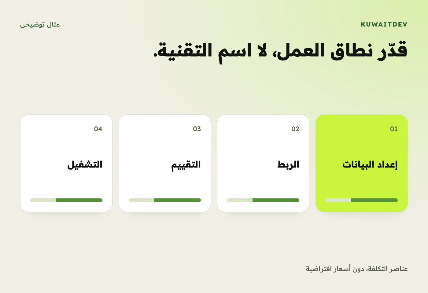 قدّر نطاق العمل، لا اسم التقنية. عناصر التكلفة، دون أسعار افتراضية
