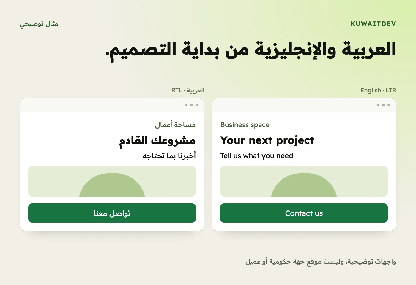 العربية والإنجليزية من بداية التصميم. واجهات توضيحية، وليست موقع جهة حكومية أو عميل